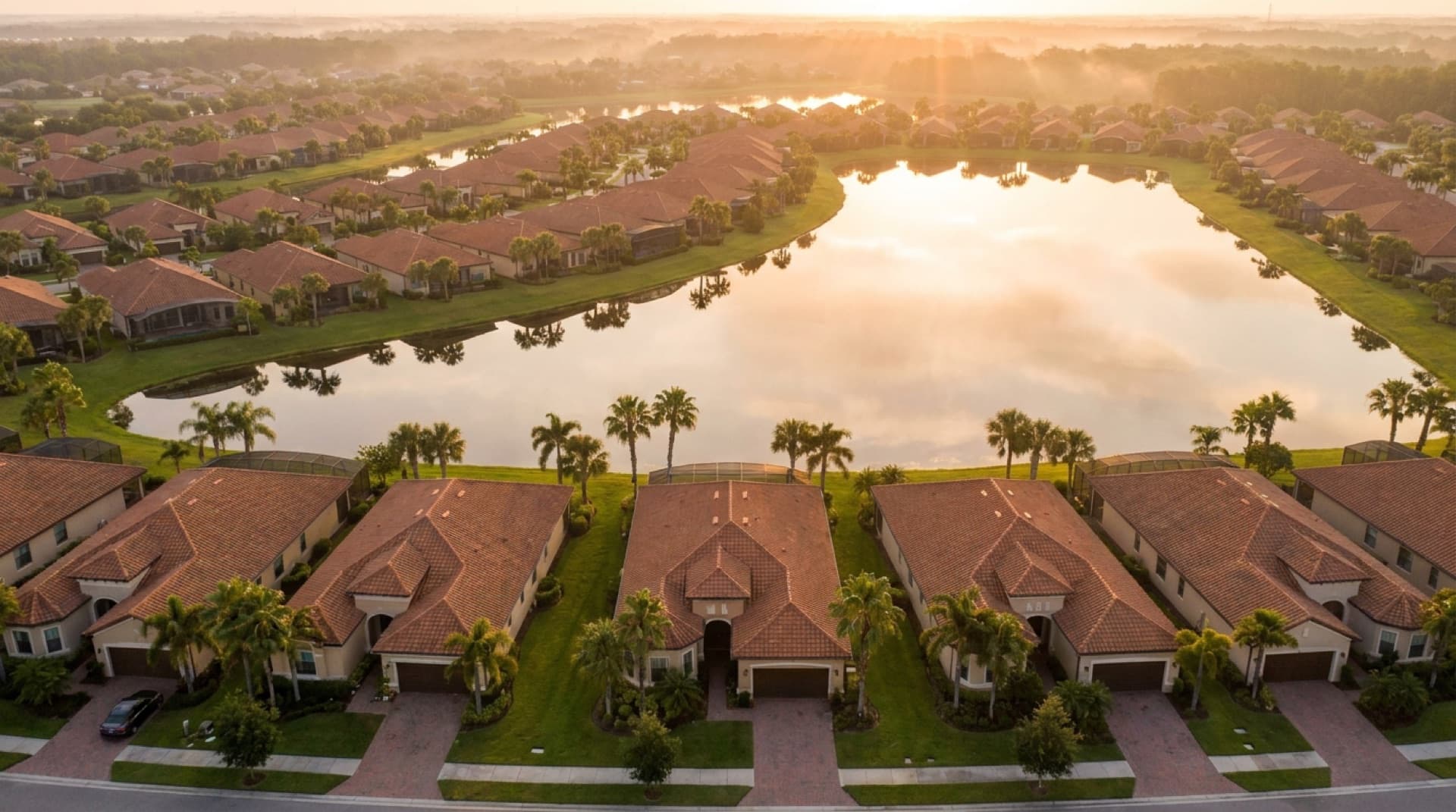 Aerial view of a Central Florida community at sunset